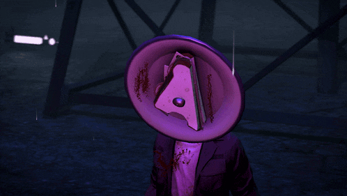 a person with a purple object on their head that says a on it