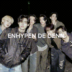 a group of young men are posing for a picture with the words enhypen de denni written on the bottom