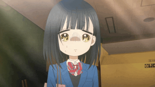 a girl in a school uniform stands in front of a yellow sign that says ' emergency exit '
