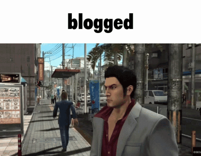 a man in a suit is walking down a street with the words " blogged " above him