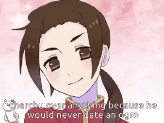 a cartoon of a boy with the words cherchu over anything because he would never date an ogre .