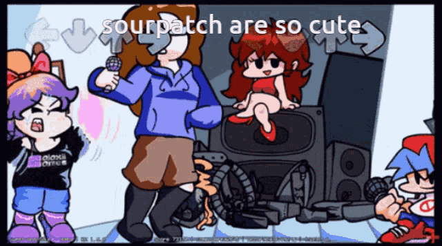 a cartoon of a girl holding a microphone and the words sourpatch are so cute