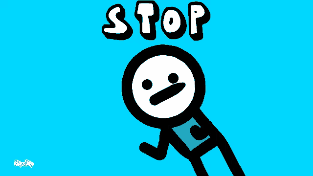 a cartoon character with a green circle around his waist and the word stop above him