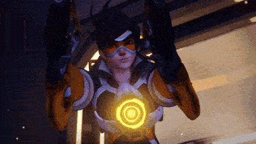 a video game character with a glowing target on her chest