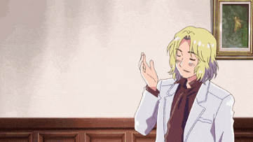 two anime characters are standing next to each other and one is wearing a white jacket