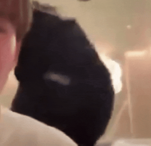a close up of a person 's face with a black cat behind them .