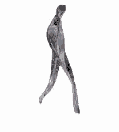 a purple statue of a man is standing on one leg .
