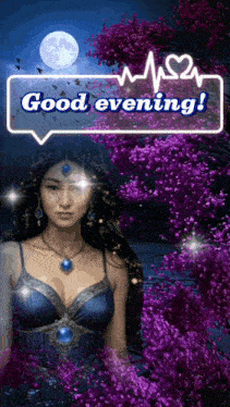 a woman is standing in front of purple flowers and a full moon with a speech bubble that says good evening