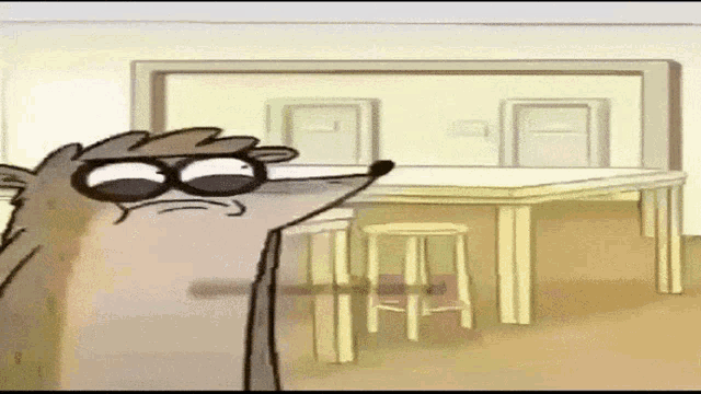 a cartoon character wearing glasses stands in front of a table and stools