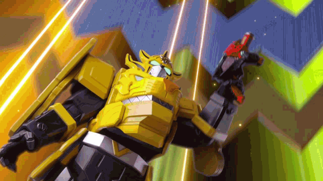 a yellow robot is flying through the air with a sword in its hand .