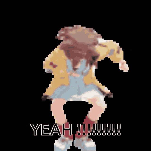 a pixel art of a girl dancing with the words yeah !!! written below her