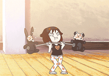 a cartoon of a girl lifting a barbell with two stuffed animals in the background