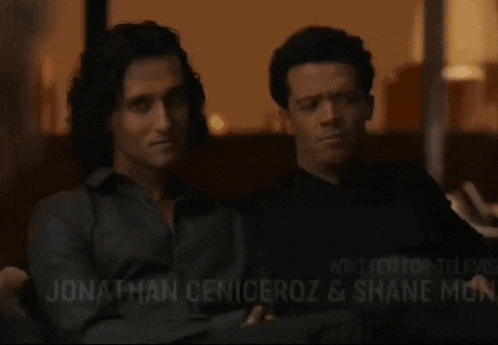 two men are sitting next to each other with the words jonathan ceniceroz and shane mun below them