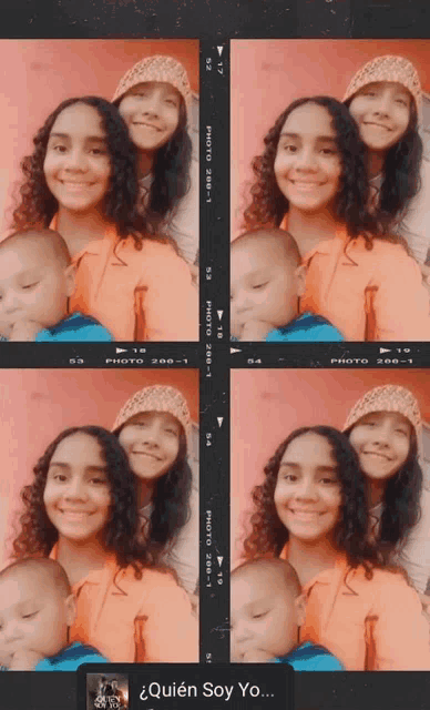 a girl holding a baby with the words " quien soy yo " on the bottom right