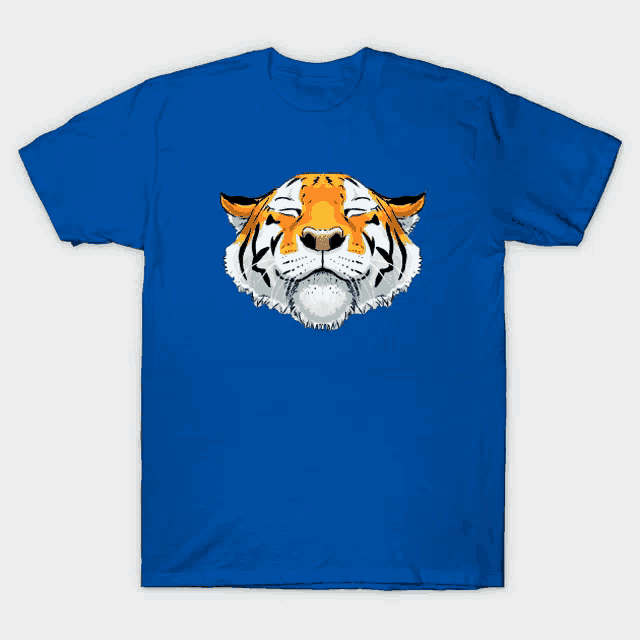 a blue t-shirt with a picture of a tiger 's face on it