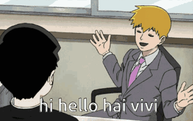 a man in a suit and tie is talking to another man with the words hi hello hai vivi written below him