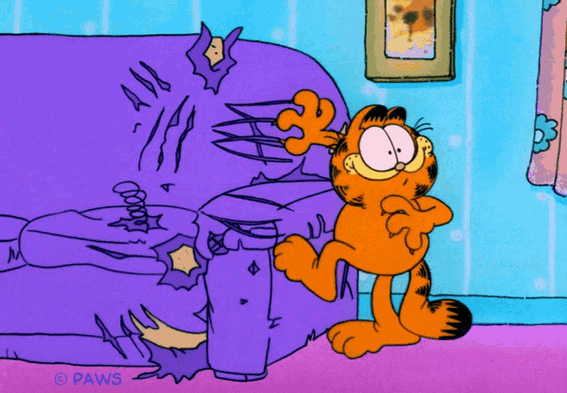 a cartoon of garfield standing next to a purple couch with paws written on it