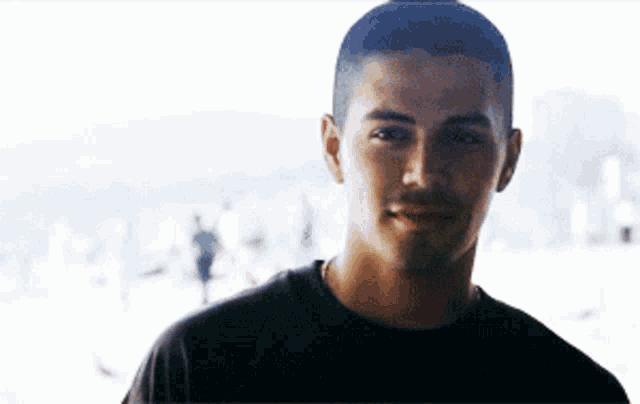 a close up of a man 's face with a blurred background