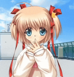 a girl with blonde hair and blue eyes is wearing a white sweater and red ribbons in her hair