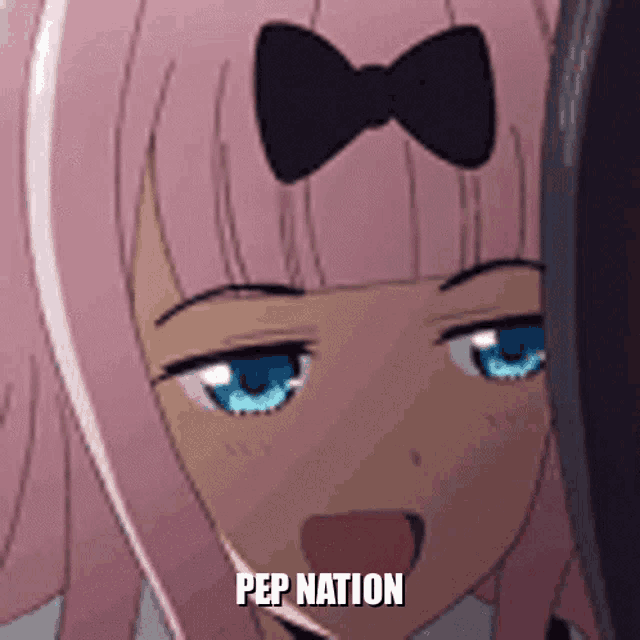 a pink haired anime girl with a bow on her head is talking about pep nation .