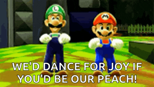 mario and luigi are standing next to each other in a video game .