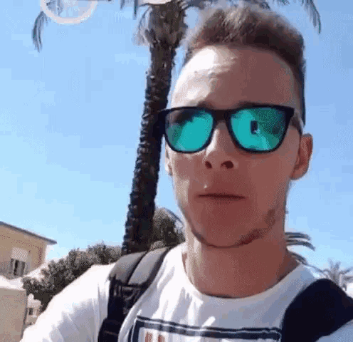 a man wearing sunglasses is standing in front of a palm tree
