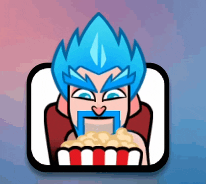a cartoon character with blue hair is eating popcorn from a bowl