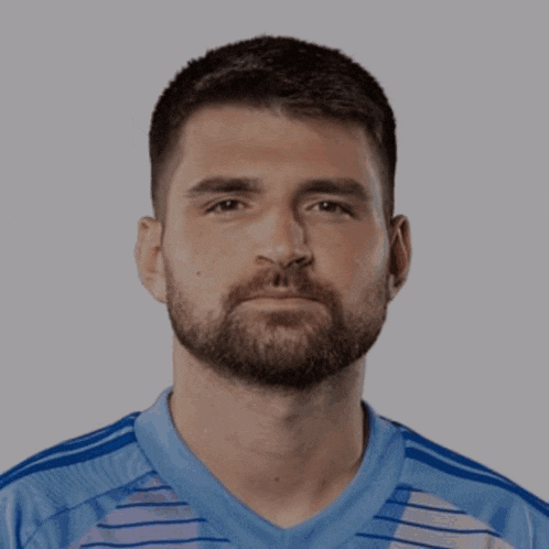 a man with a beard wearing a blue shirt