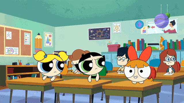 a cartoon of the powerpuff girls sitting at their desks