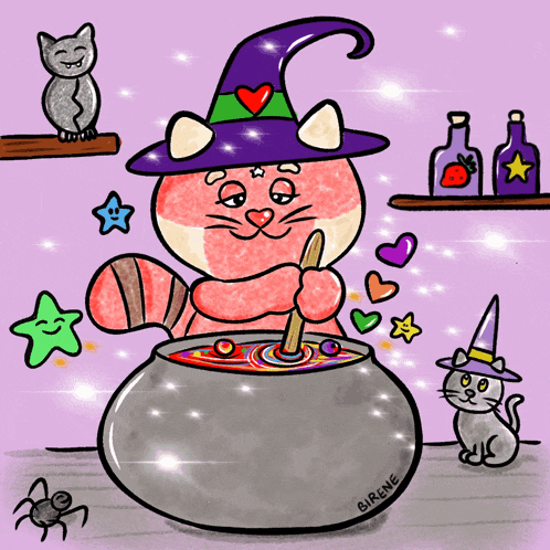 a pink cat in a witch hat stirs a cauldron