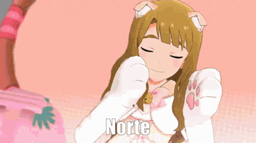 a cartoon girl with a cat ear and gloves says norte