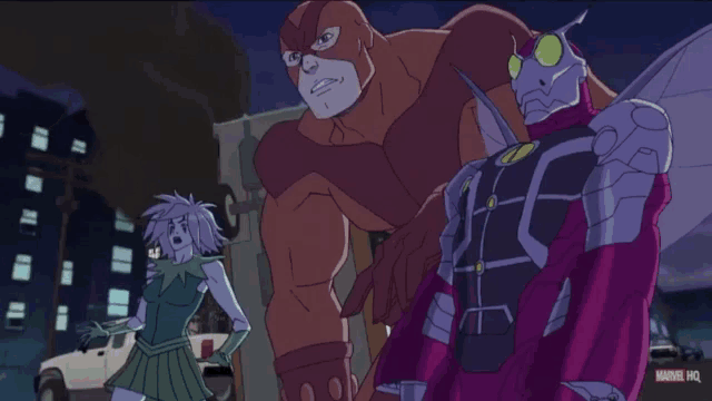a group of marvel characters are standing next to each other on a city street