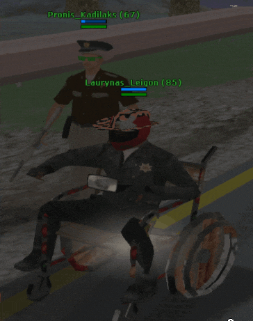 a screenshot of a video game shows a man in a wheelchair and a man in a sheriff 's uniform