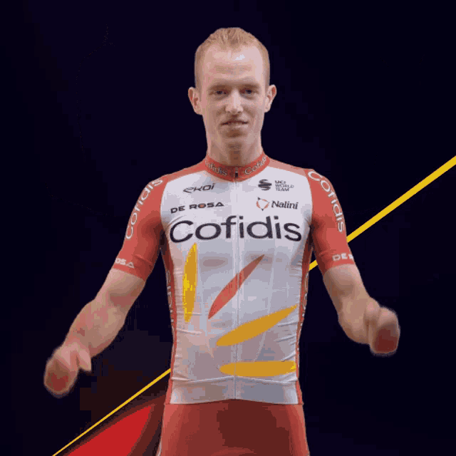 a man wearing a red and white jersey that says cofidis on it