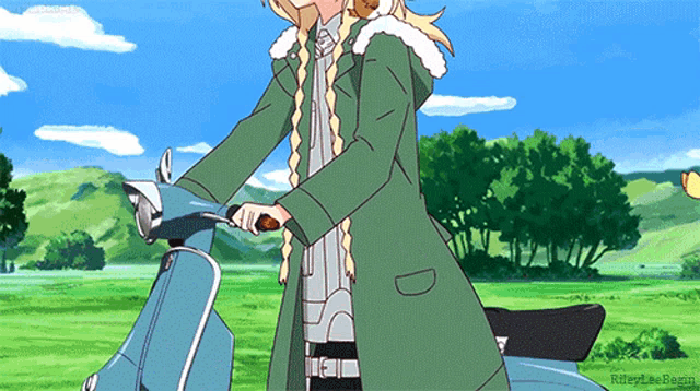 a girl in a green coat is riding a blue scooter in a field