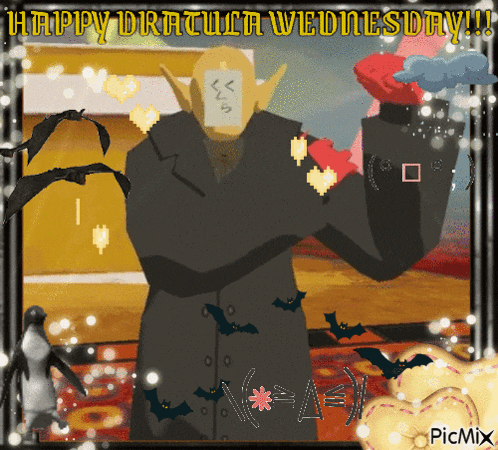 a happy dracula wednesday greeting card with a monster
