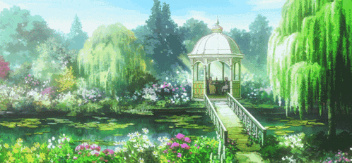 a gazebo sits in the middle of a lush green park
