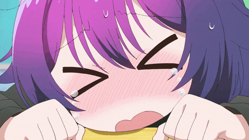 a girl with purple hair is making a face with her eyes closed