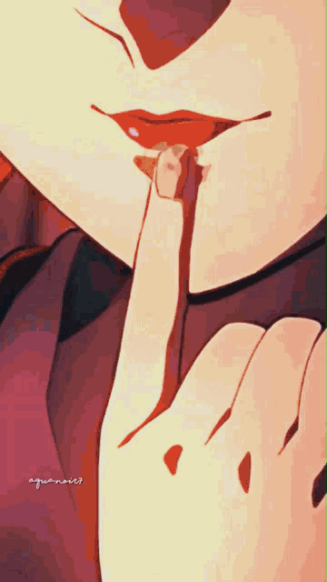 a close up of a person 's face with their finger on their mouth