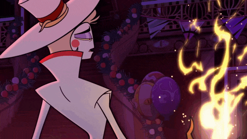 a cartoon character is standing in a room with balloons and a fire