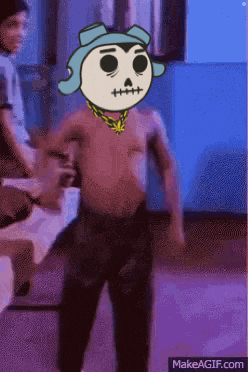 a shirtless man with a cartoon face on his head is dancing