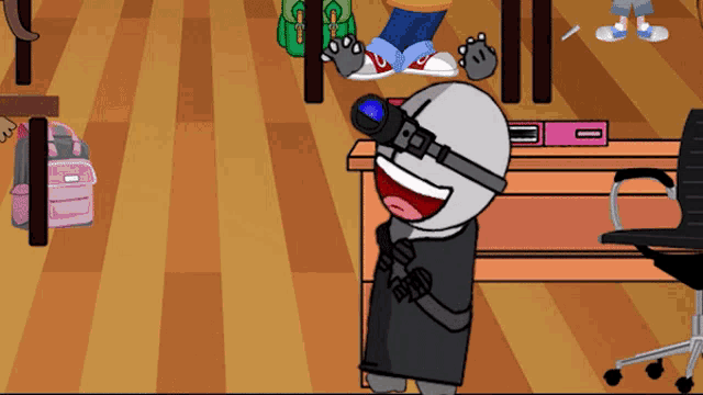 a cartoon character is wearing a pair of goggles and holding a binoculars