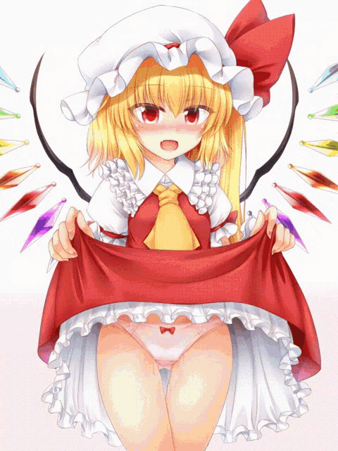 a girl with blonde hair and red eyes is holding up her red skirt
