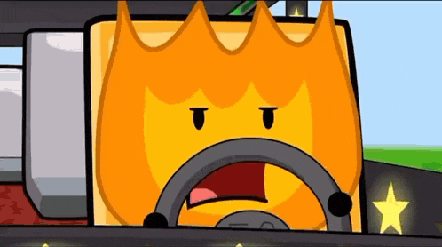 a cartoon fire character is driving a car with a crown on his head .