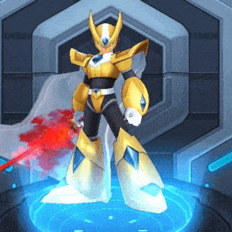a yellow and black robot with a red sword in his hand