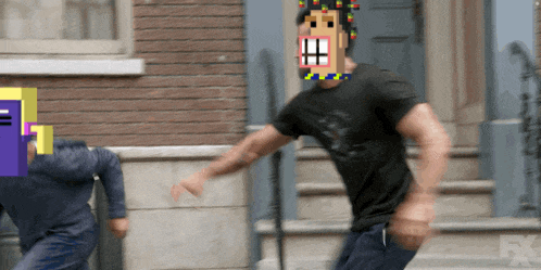 a man running with a pixelated face on his head
