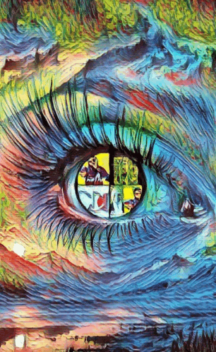 a colorful painting of a woman 's eye with a reflection of a boat