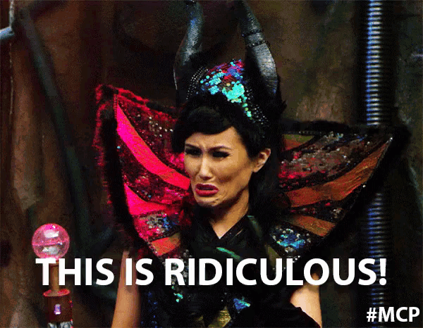 a woman in a costume with horns is saying this is ridiculous