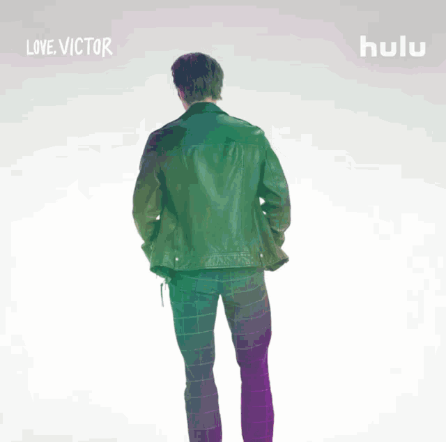 a man in a leather jacket is standing in front of a white background with love victor written on it