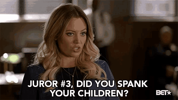 a woman is asking juror # 3 did you spank your children